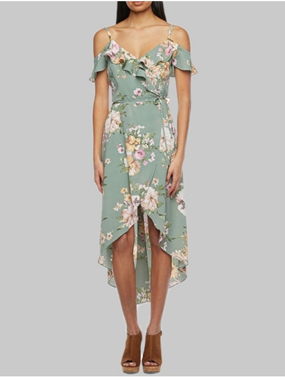 BY & BY Floral Spaghetti Strap Hi Low Ruffled Midi‎ Dress